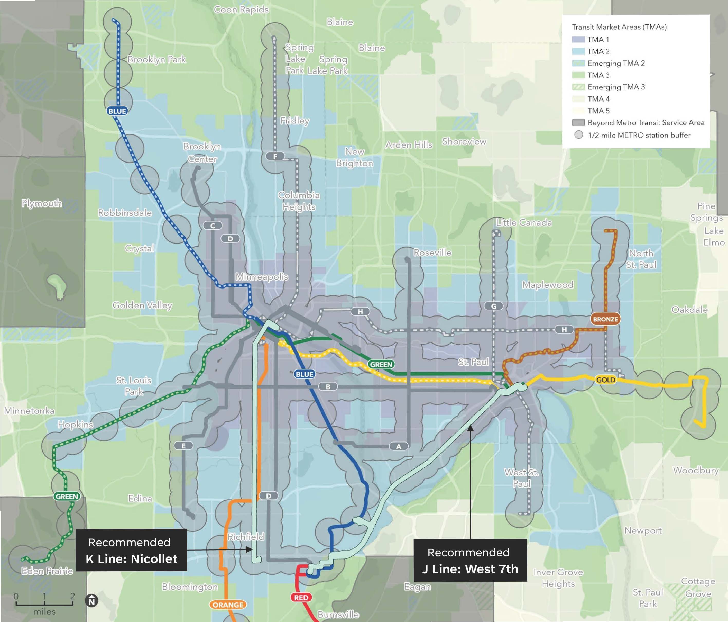 Map of recommended METRO J and K lines